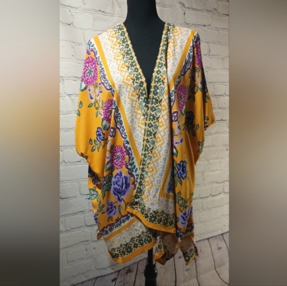 ShortSleeve Purple FloralPrint OpenFont WovenKimono Cardigan Golden - Picture 11 of 16